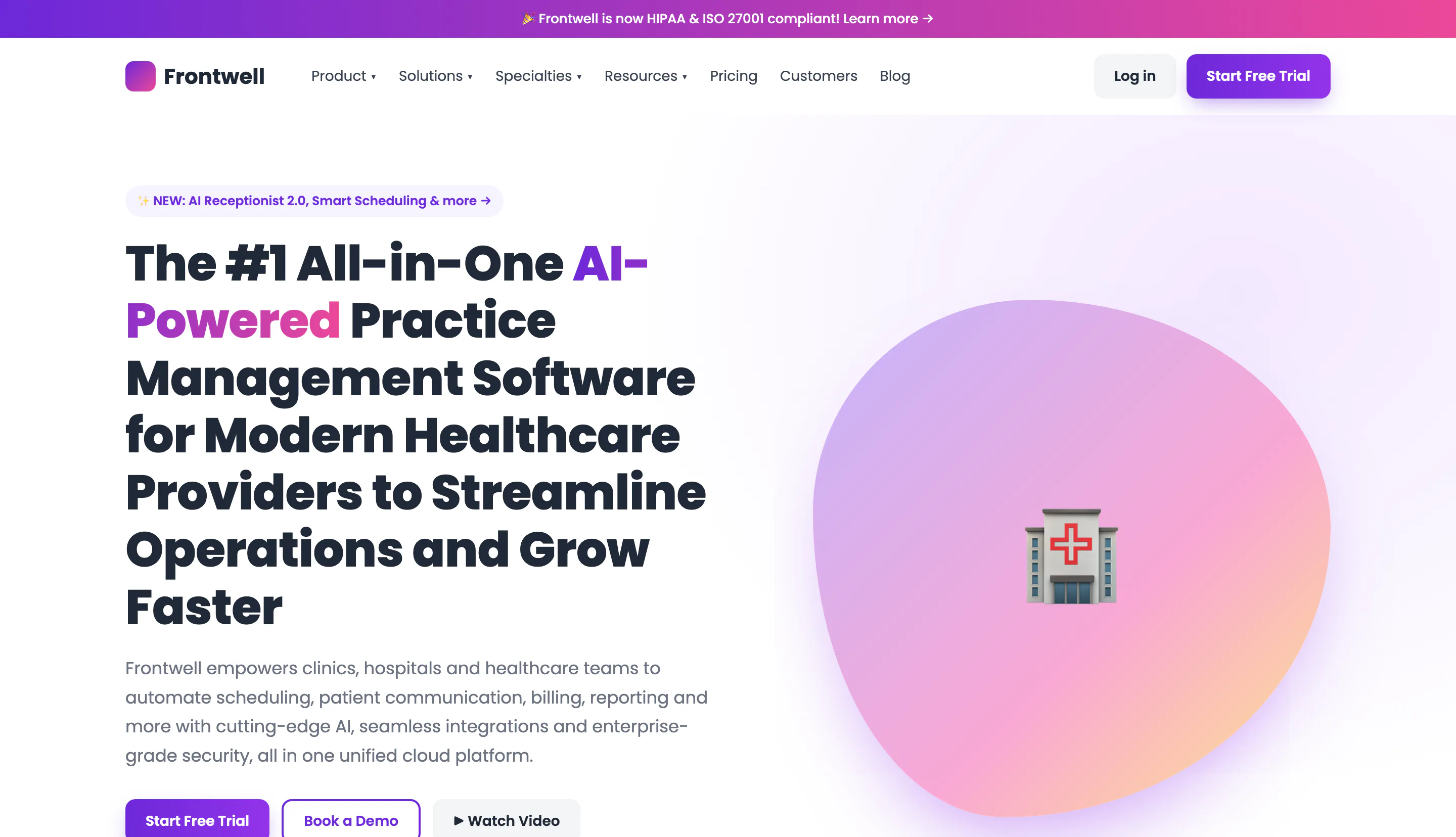 Frontwell before: a purple template homepage with a 17-word headline, three buttons and a gradient blob